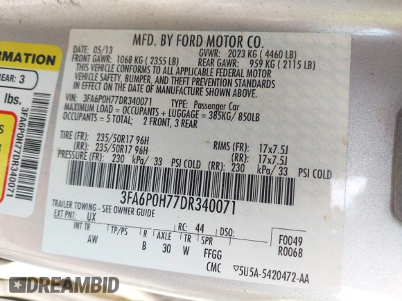 2013 Ford Fusion SE with VIN 3FA6P0H77DR340071, listed as a IAAI auction lot 42378047 with 189,218 mi miles and . Bid and sale history available at DreamBid. Image 9.