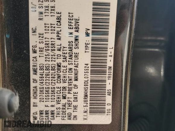 2013 Honda CR-V EX with VIN 5J6RM4H59DL075524, listed as a Copart auction lot 53168035 with 163,076 mi miles and Salvage Title. Bid and sale history available at carsss.com. Image 13.