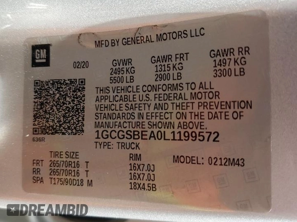 2020 Chevrolet Colorado 2WD Work Truck with VIN 1GCGSBEA0L1199572, listed as a Copart auction lot 58326225 with 185,498 mi miles and Salvage title. Bid and sale history available at DreamBid. Image 13.