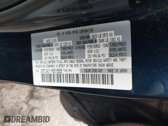 2021 Mazda CX-9 Carbon Edition with VIN JM3TCADY1M0516505, listed as a IAAI auction lot 42016644 with 50,900 mi miles and . Bid and sale history available at carsss.com. Image 9.