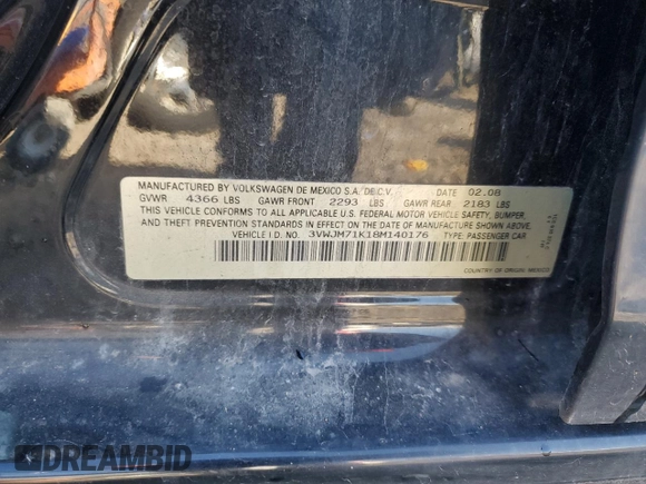 2008 Volkswagen Jetta Sedan S with VIN 3VWJM71K18M140176, listed as a Copart auction lot 50092355 with 114,629 mi miles and Salvage Title. Bid and sale history available at carsss.com. Image 12.