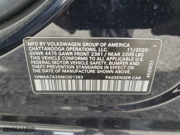 2021 Volkswagen Passat 2.0T S with VIN 1VWAA7A39MC001393, listed as a Copart auction lot 54729455 with 48,239 mi miles and Clean Title. Bid and sale history available at carsss.com. Image 13.