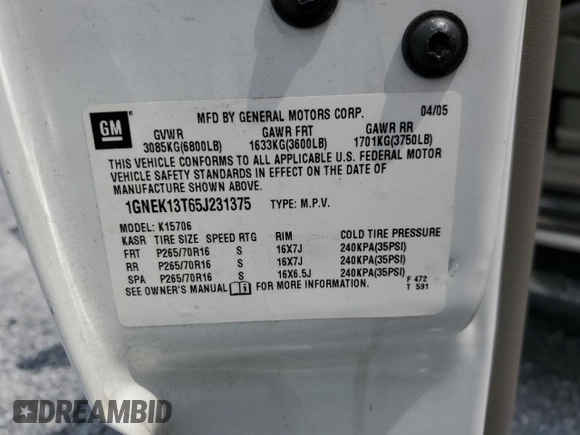 2005 Chevrolet Tahoe LT z VIN 1GNEK13T65J231375, wystawiony jako Copart lot #54499395 z przebiegiem 199 879 mil mil oraz Szkoda całkowita • Salvage title. Historia ofert i sprzedaży dostępna na DreamBid. Obrazek 13.