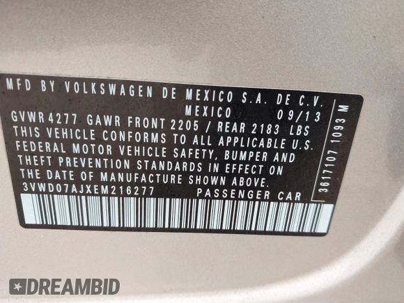 2014 Volkswagen Jetta SE with VIN 3VWD07AJXEM216277, listed as a IAAI auction lot 42748790 with 162,369 mi miles and . Bid and sale history available at DreamBid. Image 9.