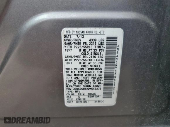 2013 Nissan Rogue SL with VIN JN8AS5MT2DW543275, listed as a Copart auction lot 51378605 with 158,105 mi miles and Salvage Title. Bid and sale history available at carsss.com. Image 16.