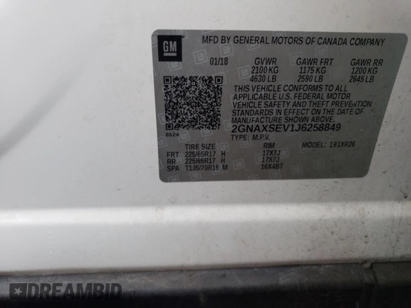 2018 Chevrolet Equinox LT with VIN 2GNAXSEV1J6258849, listed as a Copart auction lot 50948665 with 106,438 mi miles and Salvage Title. Bid and sale history available at carsss.com. Image 13.