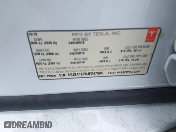 2018 Tesla Model S 75D z VIN 5YJSA1E28JF247985, wystawiony jako IAAI lot #42116586 z przebiegiem 102 062 mil mil oraz . Historia ofert i sprzedaży dostępna na DreamBid. Obrazek 9.