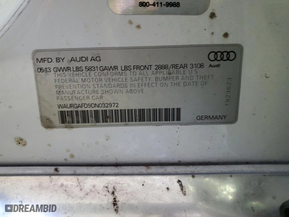 2013 Audi A8 L 3.0L with VIN WAURGAFD9DN032972, listed as a Copart auction lot 87994705 with 126,798 mi miles and Salvage Title. Bid and sale history available at carsss.com. Image 13.