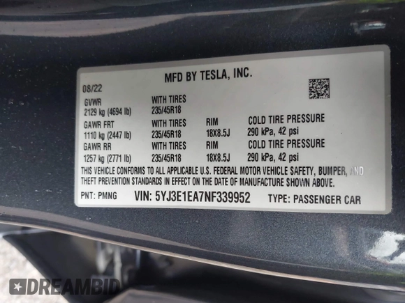 2022 Tesla Model 3 with VIN 5YJ3E1EA7NF339952, listed as a IAAI auction lot 38007332 with 10,726 mi miles. Bid and sale history available at carsss.com. Image 9.