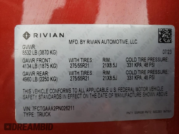 2023 Rivian R1T Adventure with VIN 7FCTGAAA2PN026211, listed as a Copart auction lot 77705414 with Not Provided miles and Salvage Title. Bid and sale history available at DreamBid. Image 13.