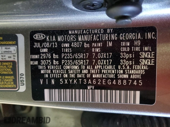 2014 Kia Sorento LX with VIN 5XYKT3A62EG488745, listed as a Copart auction lot 54471455 with 148,075 mi miles and Clean Title. Bid and sale history available at carsss.com. Image 13.