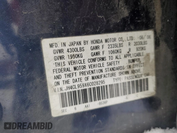 2006 Acura TSX Navi z VIN JH4CL959X6C028295, wystawiony jako Copart lot #87451494 z przebiegiem Nie podano mil oraz Szkoda całkowita • Salvage title. Historia ofert i sprzedaży dostępna na DreamBid. Obrazek 12.