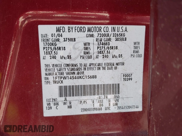 2004 Ford F-150 XLT с VIN 1FTPW14544KC15688, выставлен на аукционе IAAI как лот 42678966 с пробегом 170 277 миль миль и . История ставок и продаж доступна на DreamBid. Изображение 9.