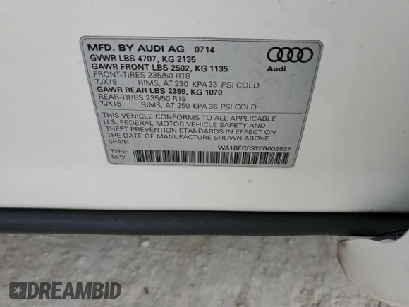 2015 Audi Q3 Premium Plus z VIN WA1BFCFS7FR002537, wystawiony jako Copart lot #77711754 z przebiegiem 78 024 mil mil oraz Szkoda całkowita • Salvage title. Historia ofert i sprzedaży dostępna na DreamBid. Obrazek 14.
