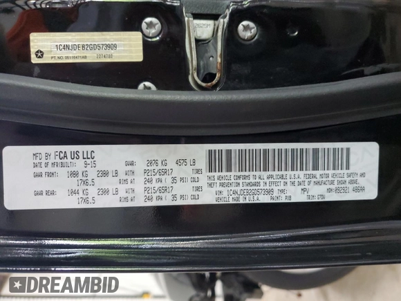 2016 Jeep Compass Latitude with VIN 1C4NJDEB2GD573909, listed as a Copart auction lot 62168225 with 70,944 mi miles and Salvage title. Bid and sale history available at DreamBid. Image 14.