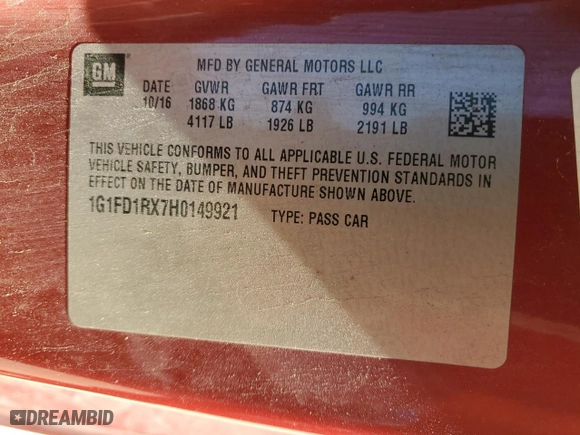 2017 Chevrolet Camaro 2LT with VIN 1G1FD1RX7H0149921, listed as a Copart auction lot 86918884 with 148,076 mi miles and Salvage Title. Bid and sale history available at carsss.com. Image 14.