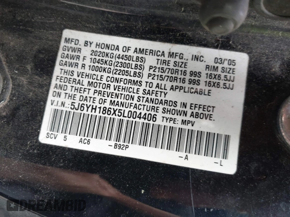 2005 Honda Element EX with VIN 5J6YH186X5L004406, listed as a IAAI auction lot 42095484 with 269,945 mi miles and . Bid and sale history available at DreamBid. Image 9.