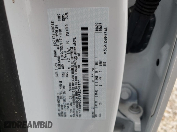 2024 Ford F-350 XL with VIN 1FT8W3DT1REC47177, listed as a Copart auction lot 82172254 with Not Provided miles and Salvage Title. Bid and sale history available at DreamBid. Image 12.