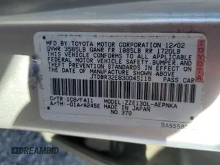 2003 Toyota Corolla CE with VIN JTDBR32E830045118, listed as a Copart auction lot 47339375 with Not Provided miles and Salvage Title. Bid and sale history available at DreamBid. Image 12.