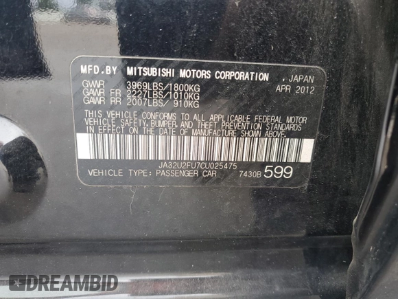 2012 Mitsubishi Lancer ES with VIN JA32U2FU7CU025475, listed as a Copart auction lot 78809774 with 165,615 mi miles and Salvage Title. Bid and sale history available at DreamBid. Image 12.