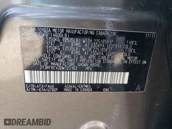 2013 Toyota RAV4 XLE with VIN 2T3RFREV2DW125162, listed as a Copart auction lot 52190925 with 160,797 mi miles and Salvage Title. Bid and sale history available at carsss.com. Image 14.