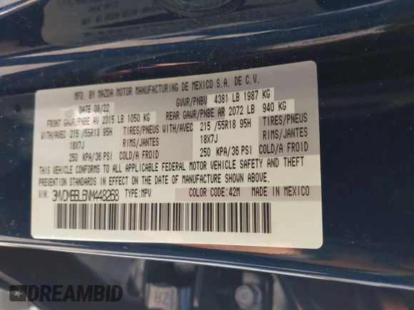 2022 Mazda CX-30 S Select with VIN 3MVDMBBL6NM448268, listed as a IAAI auction lot 42242290 with Not provided miles and . Bid and sale history available at DreamBid. Image 9.