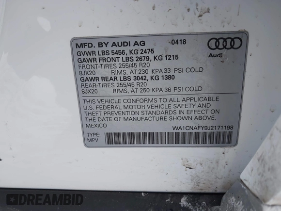 2018 Audi Q5 Prestige with VIN WA1CNAFY9J2171198, listed as a IAAI auction lot 41640282 with 37,208 mi miles. Bid and sale history available at carsss.com. Image 9.