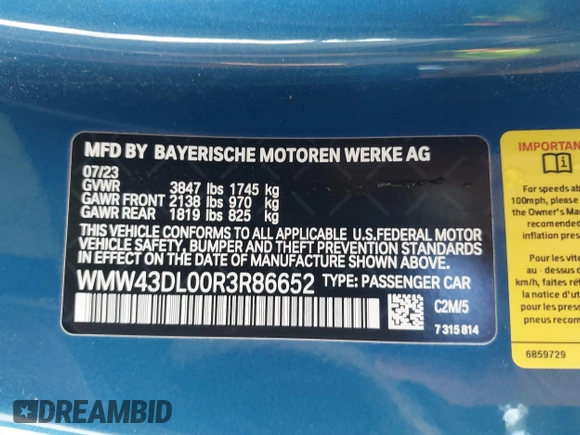 2024 MINI Convertible Cooper S with VIN WMW43DL00R3R86652, listed as a IAAI auction lot 41991333 with 7,417 mi miles and . Bid and sale history available at DreamBid. Image 9.