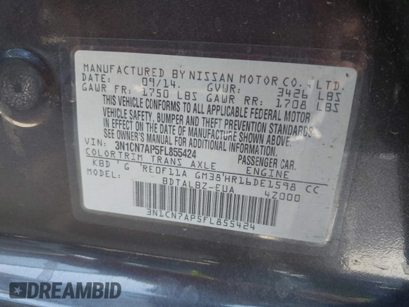 2015 Nissan Versa SV with VIN 3N1CN7AP5FL855424, listed as a IAAI auction lot 41974356 with 85,426 mi miles. Bid and sale history available at carsss.com. Image 9.
