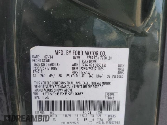 2014 Ford F-150 XL with VIN 1FTNF1EFXEKF10357, listed as a Copart auction lot 76498714 with 191,263 mi miles and Non Repairable. Bid and sale history available at carsss.com. Image 12.