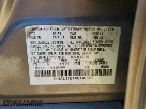 2004 Nissan Altima S with VIN 1N4AL11E74C140522, listed as a Copart auction lot 48982855 with 183,041 mi miles and Salvage title. Bid and sale history available at DreamBid. Image 12.