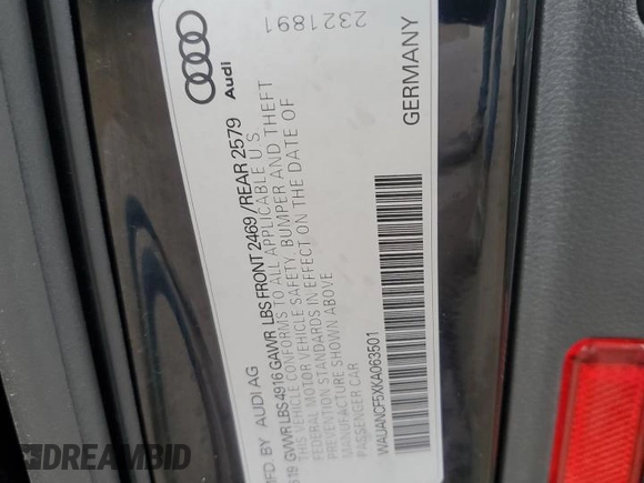 2019 Audi A5 Sportback Premium with VIN WAUANCF5XKA063501, listed as a Copart auction lot 52100095 with 159,763 mi miles and Clean title. Bid and sale history available at DreamBid. Image 12.
