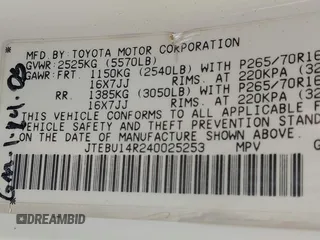 2004 Toyota 4Runner SR5 with VIN JTEBU14R240025253, listed as a IAAI auction lot 42170891 with 238,866 mi miles and . Bid and sale history available at DreamBid. Image 9.