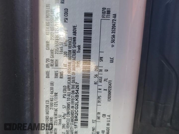 2020 Ford Transit Cargo with VIN 1FTBR2CG2LKB54267, listed as a Copart auction lot 77145744 with 75,702 mi miles and Salvage Title. Bid and sale history available at carsss.com. Image 15.