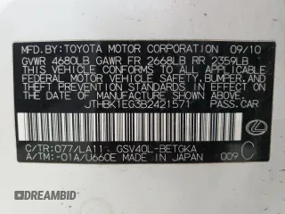2011 Lexus ES with VIN JTHBK1EG3B2421571, listed as a Copart auction lot 54502155 with 184,590 mi miles and Salvage Title. Bid and sale history available at carsss.com. Image 12.