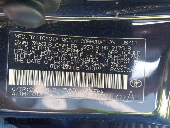 2011 Toyota Prius I with VIN JTDKN3DU0B1401019, listed as a IAAI auction lot 41218728 with 180,039 mi miles and . Bid and sale history available at DreamBid. Image 9.