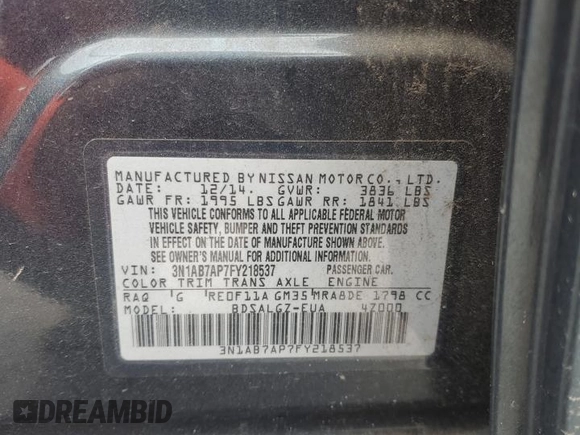 2015 Nissan Sentra SL with VIN 3N1AB7AP7FY218537, listed as a Copart auction lot 50412915 with 89,699 mi miles and Salvage Title. Bid and sale history available at DreamBid. Image 14.