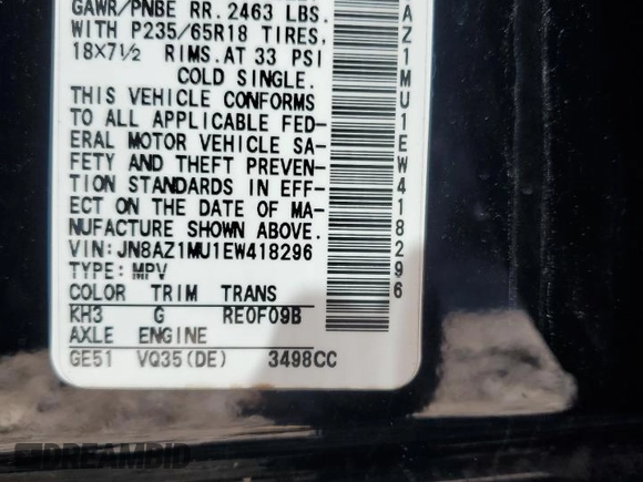 2014 Nissan Murano SV with VIN JN8AZ1MU1EW418296, listed as a Copart auction lot 71551524 with 113,837 mi miles and Salvage Title. Bid and sale history available at carsss.com. Image 13.