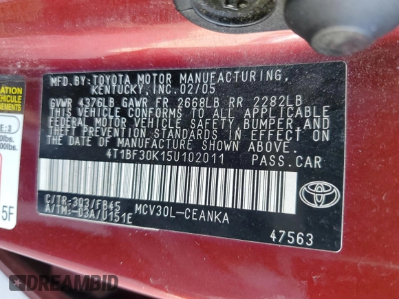 2005 Toyota Camry LE with VIN 4T1BF30K15U102011, listed as a Copart auction lot 54209895 with 192,166 mi miles and Salvage Title. Bid and sale history available at DreamBid. Image 12.