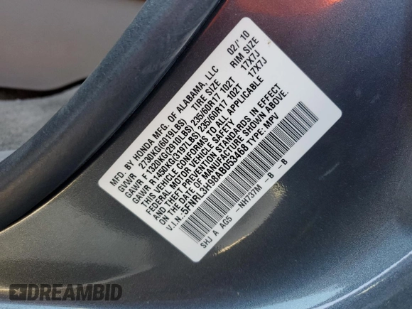 2010 Honda Odyssey Touring with VIN 5FNRL3H98AB053468, listed as a Copart auction lot 45524345 with 156,424 mi miles and Salvage Title. Bid and sale history available at carsss.com. Image 13.