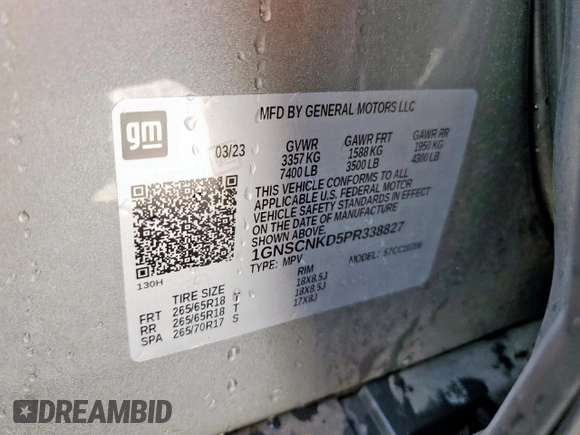 2023 Chevrolet Tahoe LT with VIN 1GNSCNKD5PR338827, listed as a Copart auction lot 58470215 with 22,909 mi miles and Salvage title. Bid and sale history available at DreamBid. Image 13.