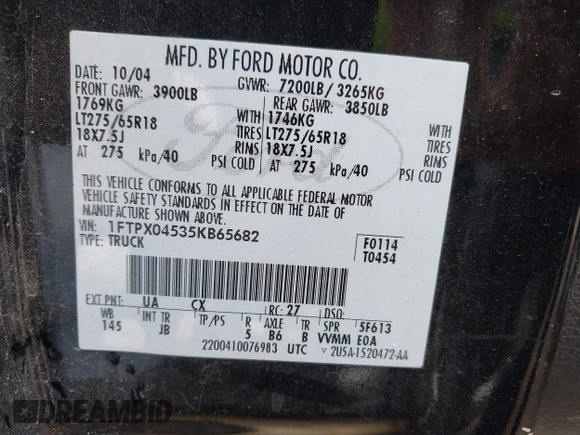 2005 Ford F-150 XLT с VIN 1FTPX04535KB65682, выставлен на аукционе IAAI как лот 42412061 с пробегом 196 453 миль миль и . История ставок и продаж доступна на DreamBid. Изображение 9.