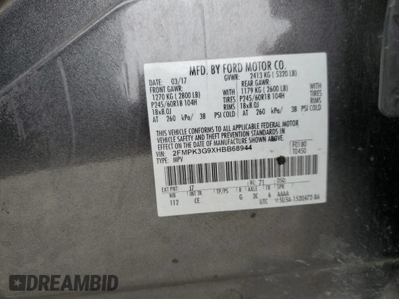 2017 Ford Edge SE с VIN 2FMPK3G9XHBB68944, выставлен на аукционе Copart как лот 58303415 с пробегом 127 327 миль миль и Списание • Salvage title. История ставок и продаж доступна на DreamBid. Изображение 14.