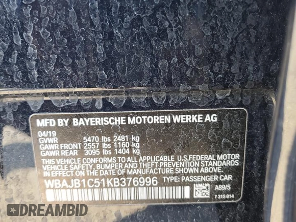 2019 BMW 5 Series 530e xDrive with VIN WBAJB1C51KB376996, listed as a Copart auction lot 52581175 with 42,369 mi miles and Salvage title. Bid and sale history available at DreamBid. Image 12.