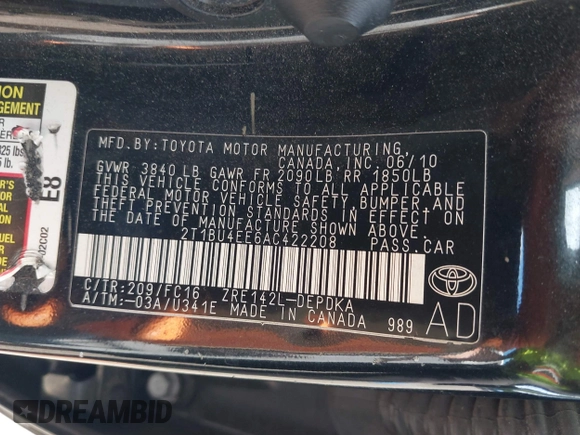 2010 Toyota Corolla with VIN 2T1BU4EE6AC422208, listed as a IAAI auction lot 42734771 with 181,339 mi miles and . Bid and sale history available at DreamBid. Image 9.