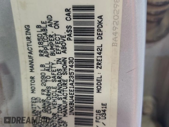 2010 Toyota Corolla with VIN 1NXBU4EE1AZ357430, listed as a Copart auction lot 64654795 with 179,113 mi miles and Salvage title. Bid and sale history available at DreamBid. Image 12.