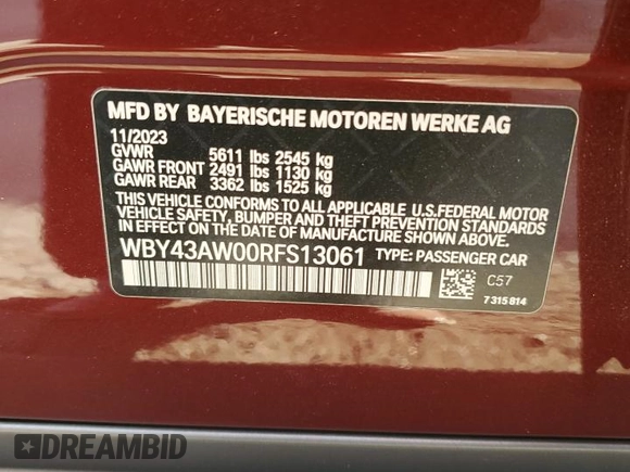 2024 BMW i4 eDrive35 with VIN WBY43AW00RFS13061, listed as a Copart auction lot 85991874 with 5,732 mi miles and Salvage Title. Bid and sale history available at carsss.com. Image 13.