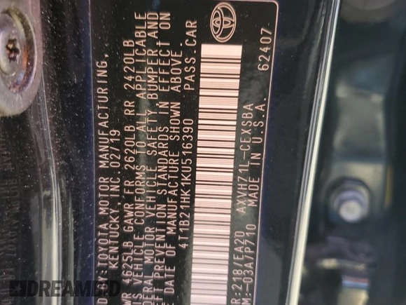 2019 Toyota Camry Hybrid LE z VIN 4T1B21HK1KU516390, wystawiony jako Copart lot #54856015 z przebiegiem 94 504 mil mil oraz Nie do naprawy • Non repairable. Historia ofert i sprzedaży dostępna na DreamBid. Obrazek 13.