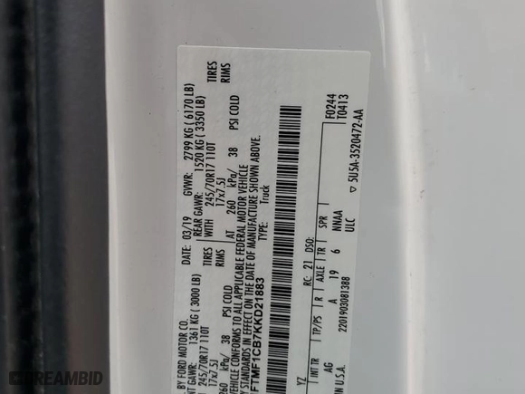 2019 Ford F-150 XL with VIN 1FTMF1CB7KKD21883, listed as a Copart auction lot 46218245 with 128,411 mi miles and Salvage Title. Bid and sale history available at carsss.com. Image 12.