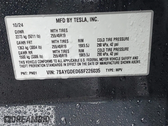 2025 Tesla Model Y Long Range with VIN 7SAYGDED6SF226035, listed as a IAAI auction lot 41102115 with Not Provided miles and . Bid and sale history available at DreamBid. Image 9.